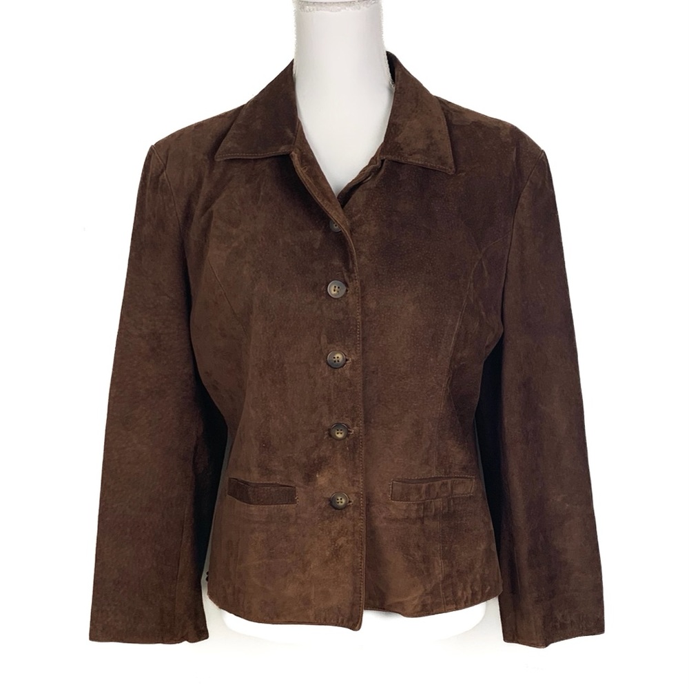 Vintage Bushwhacker Women Suede Leather Jacket Brown Size L Button Up Lined Boho